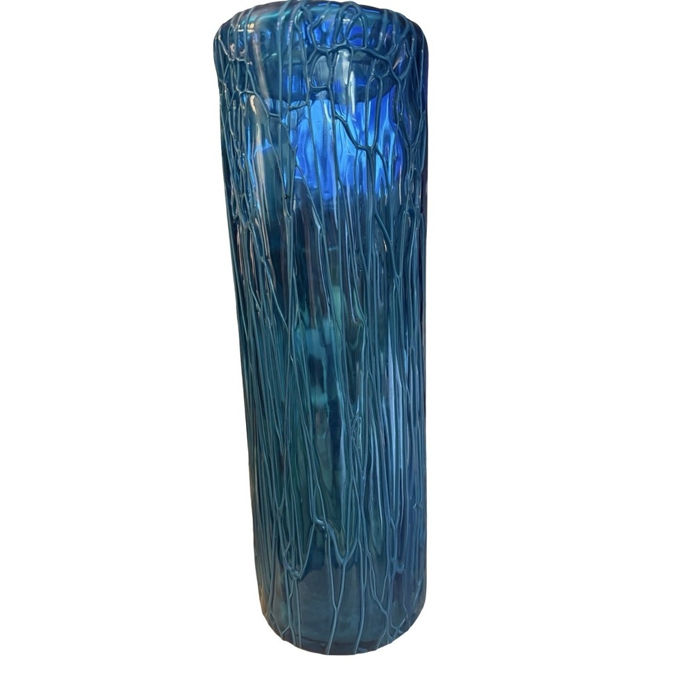 Vintage Studio Art Blown Glass Vase Seaweed Viens Pattern with Rolled Rim 14"